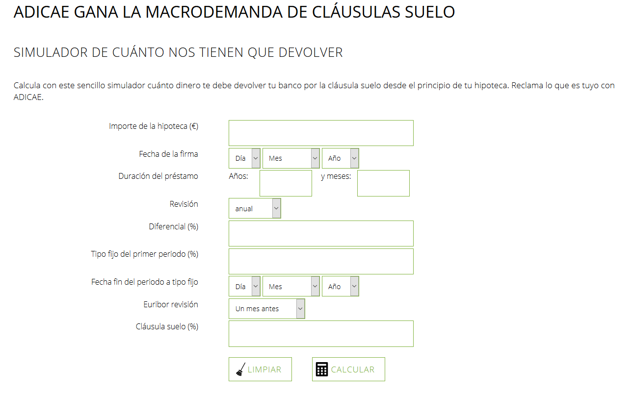 ADICAE crea un simulador online para calcular el perjuicio de la cláusula suelo desde la firma de la hipoteca
