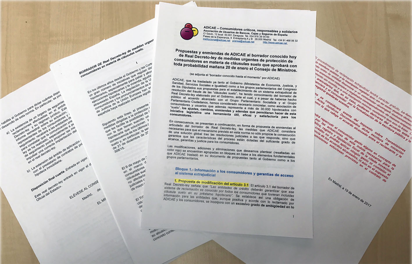 ADICAE envía al Gobierno y los partidos cambios imprescindibles al borrador del decreto para devolver las cláusulas suelo