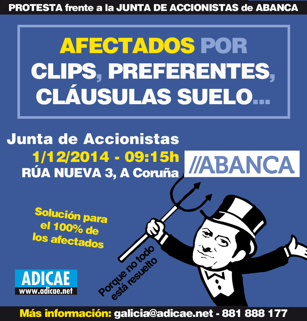 ADICAE hace un llamamiento a los afectados por los fraudes de Abanca a acudir el 1 de diciembre a su Junta de Accionistas