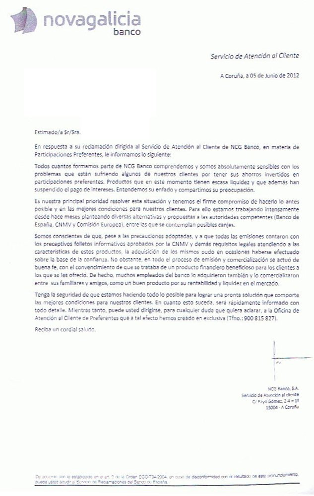 El Servicio de Atención al Cliente de Novagalicia Banco echa balones fuera y da respuestas automáticas a los afectados por participaciones preferentes